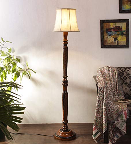 Image of Devansh Off White Cotton Cylindrical Drum Designer Fashionable Wooden Carving Floor Lamp for Home Decor (Off White, Medium)