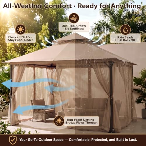 Image of MASTERCANOPY 11x11 ft Stable Patio Gazebo with Netting Walls, Khaki