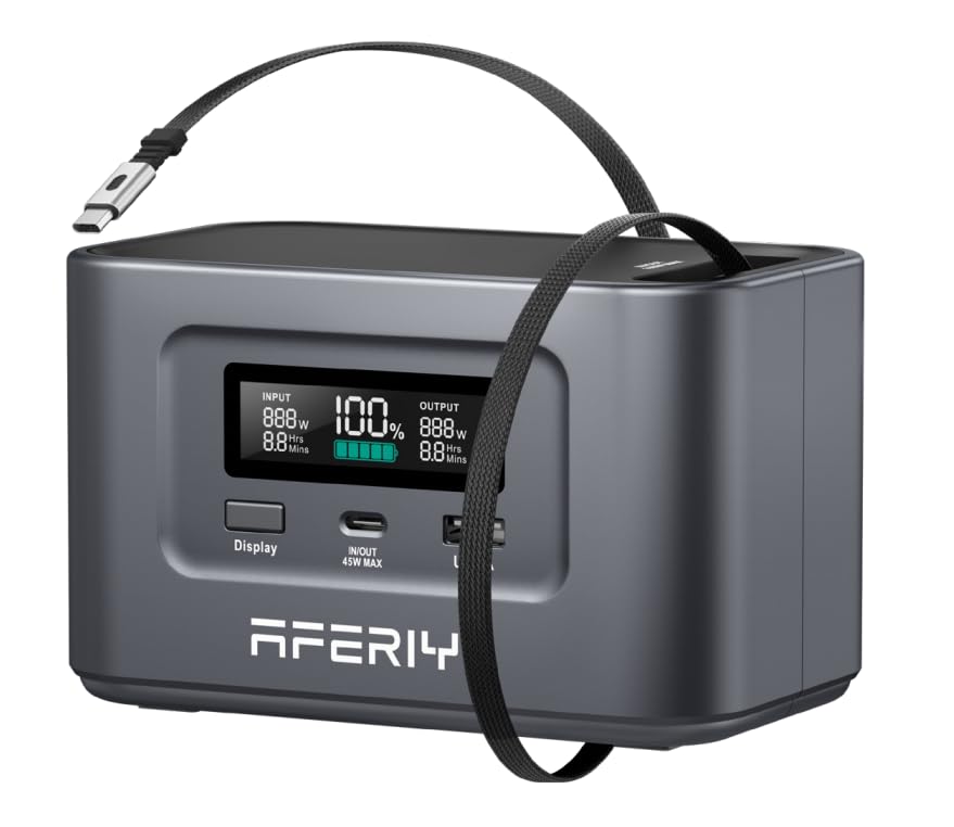 AFERIY 31000mAh/99.2Wh Portable Power Station, 100W Camping Power Bank Solar Generator with LiFePO4 Battery USB/Type C Outlet, Built in Extension Cable for Outdoor Travel, Business Trips, Dark Gray