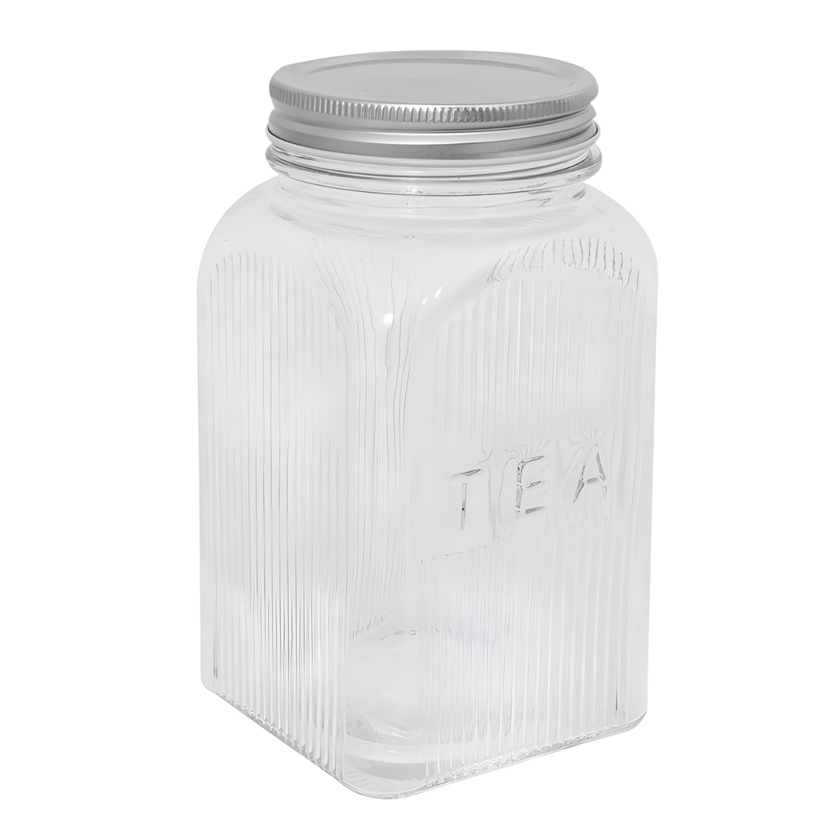 YöL Tea Square Ribbed Glass Storage Jars with Silver Lid 1300ml Kitchen Canisters with Embossed Lettering for Hot Drinks and Dry Food Storage Organisation