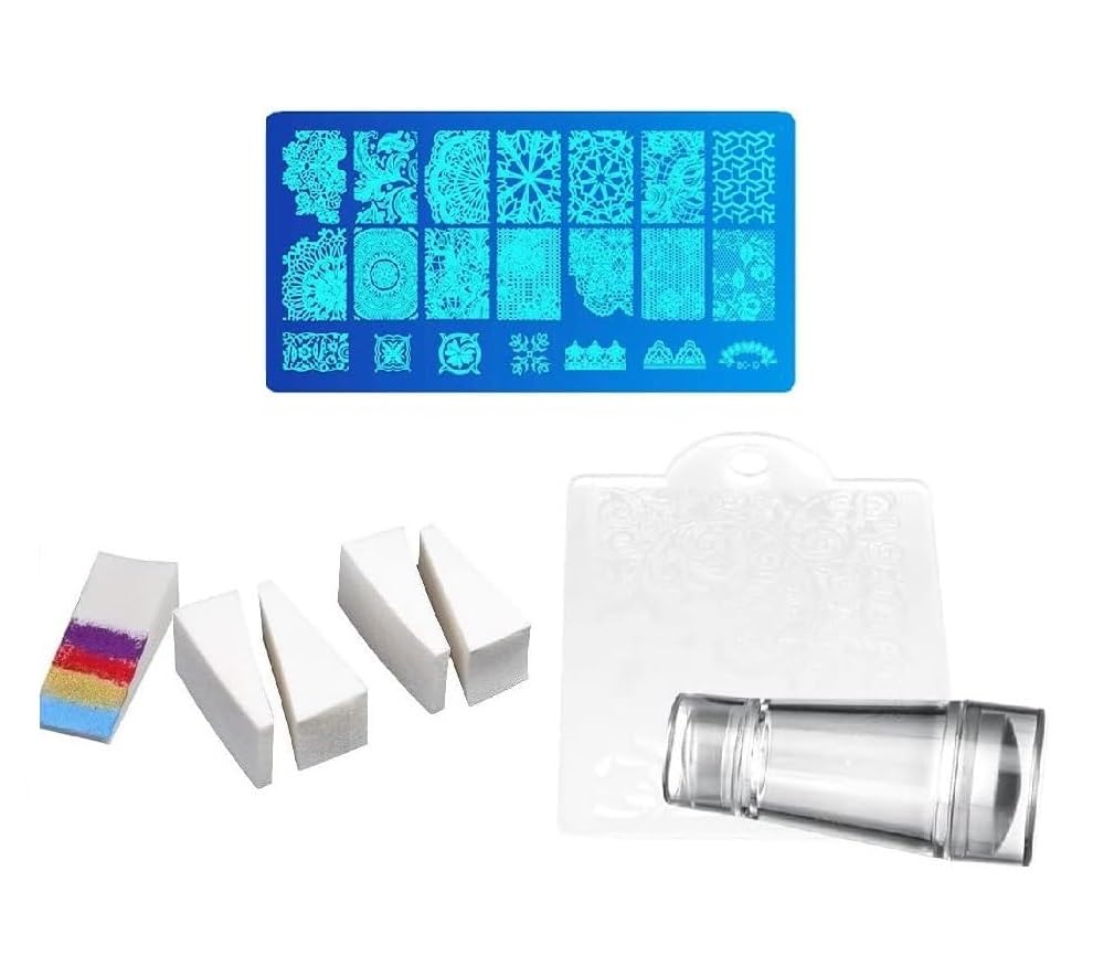 D.B.Z. ® 1 Pcs Nail Stamping Plate Assorted Design, 5 Pc Gradient Sponge, 1 Pc Nail Art Double Head Jelly Silicone Nail Stamper with Cap with Scraper Manicure Art Stamping (Multicolor)