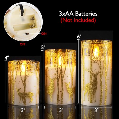 Image of Homemory Christmas Flickering Flameless Candles with Remote Timer, Gold Deer Battery Operated Candles, Glass Real Wax LED Pillar Candles for Home Holiday Decor, Set of 3