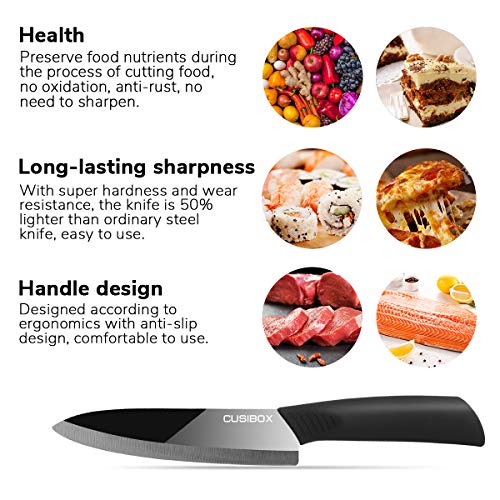 Ceramic Knife Set With Sheaths - Super Sharp & Rust Proof & Stain Resistant Ceramic Chef Knife, 6" Chef Knife, 4" Utility Knife, 3" Paring Knife, 1 Peeler (Black)