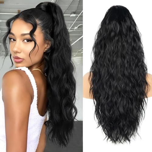 Extension Cheveux Naturel de 66cm, Queue de Cheval Extension Longue, Ponytail Cheveux Naturel Ondulée, Postiche Queue de Cheval avec Cordon, Extension Queue...