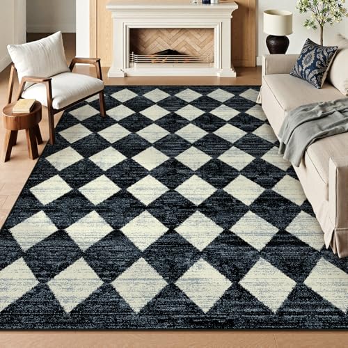 Lahome Checkered Washable 8 x 10 Area Rugs for Living Room, Black Bedroom Rug 8x10 Under Bed, Geometric Trellis Soft Ultra-Thin Indoor Carpet for Dining Room Dorm Kids Playroom (8'x10',Black)