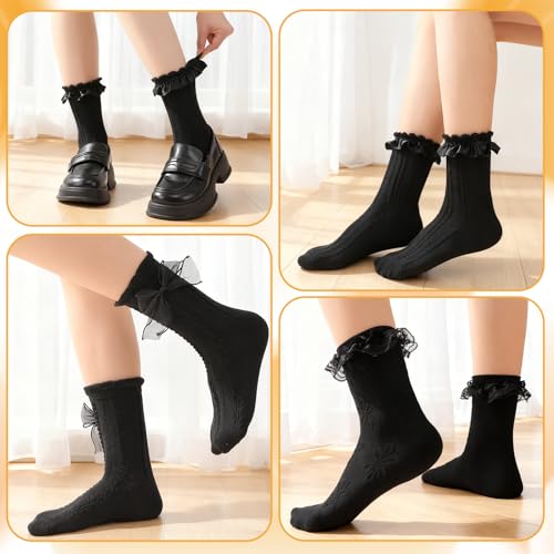 Image of Jspupifip 6 Pairs Lace Ruffle Frilly Crew Socks for Women Girls | Cotton Breathable Cute Princess Ankle Dress Lace Socks Thin Cool Casual Socks