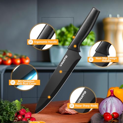 VINATO Set Coltelli da Cucina, Coltello da Cucina 14 Pezzi con Affilatore, Coltelli Professionali da Cucina da Chef, Set Coltelli da Cucina in Acciaio Inox con Manico in Plastica e Ceppo in Legno - immagine 5