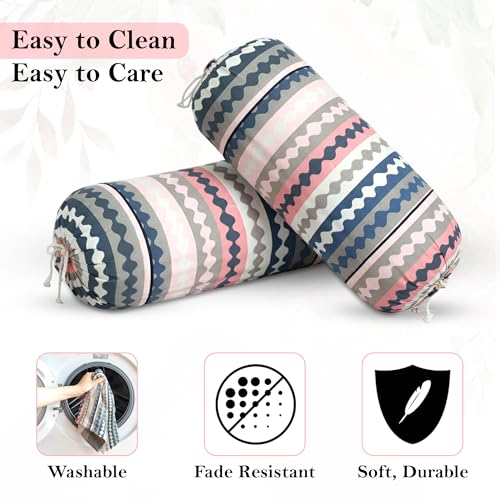 Image of GLUN Pack of 4 Zig Zag Multicolour Round Striped Bolster Pillow Covers, Size 16 inch x 30 inch (40 x 75 cm, Cream) Printed Polyester Silk Fabric for Living Room or Bedroom, Stylish & Modern Covers