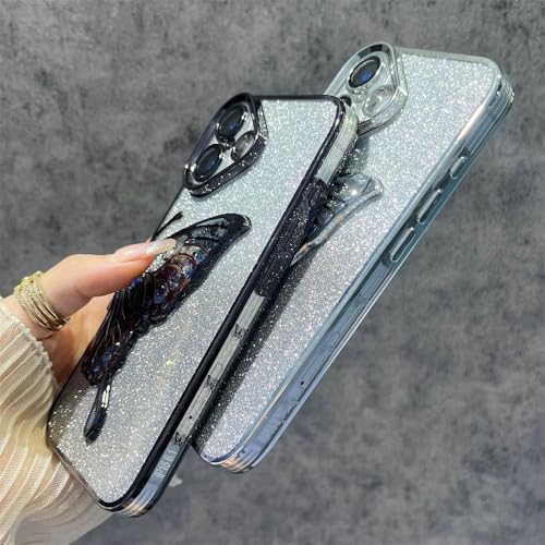 Image of mobistyle Designed for iPhone 16 Plus Cover with Glitter Cute Butterfly Electroplate Plating Design Back Cover Case for Women Teen Girls [ Silicone | Black ]