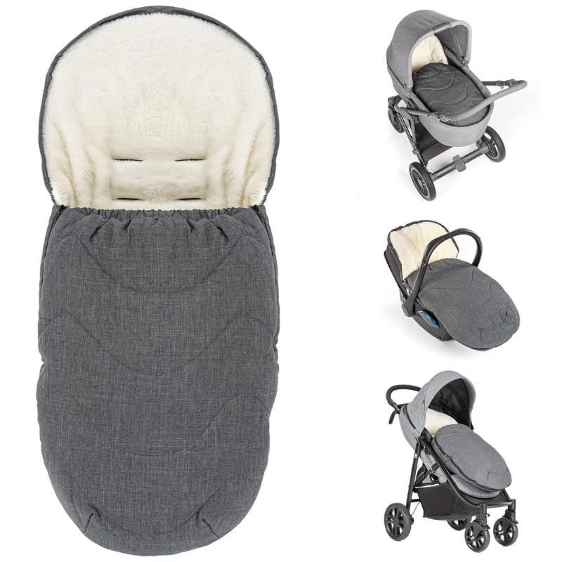 Zamboo Universal Footmuff for Pram, Pushchair and Infant Car Seat- 2in1 Winter Footmuff and Liner Made of Cosy Fleece, Baby Footmuff with Hood and Pocket - Grey