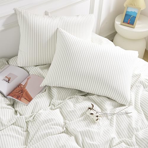 Image of NEXHOME PRO Striped Duvet Cover Queen Size,100% Washed Cotton Bedding Set,Textured Linen Feel,Breathable,Organic,3 Piece(Green Stripes 90x90)