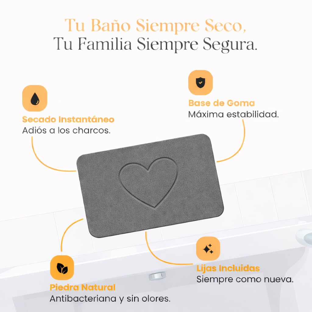 Alfombra Diatomita Baño Grande 75x45cm - Antideslizante y de Secado Rápido - Alta Absorción- Antimoho - Base de Goma y Lija, Alfombrilla Baño Diatomita - Color Gris
