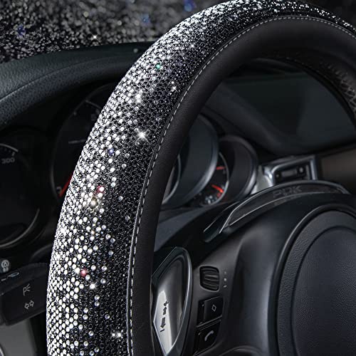 Image of CAR PASS Bling Diamond Leather Steering Wheel Cover, Bling Sparkly Crystal Glitter Rhinestones Universal Fit 14 inch 1 /2-15 inch Car Wheel Protector for Women Girl Fit Suvs,Vans,Sedans,Trucks, Black Silver
