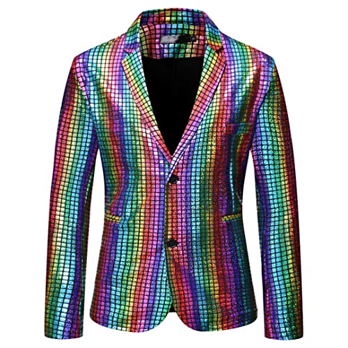 Mens Stylish Dancer Stage Jacket Gold Silver Rainbow Plaid Sequin Blazer Rainbow L2