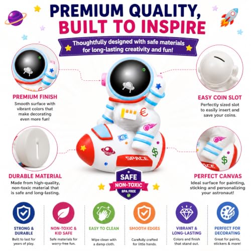 Image of PLUSPOINT DIY Astronaut Coin Bank Painting Kit for Kids Paint Your Own Space Piggy Bank Craft Set with 6 Paints, 12 Magic Floating Pens, Metallic Foils, Stickers, Gems & Glitter, Creative Gift Age 5+