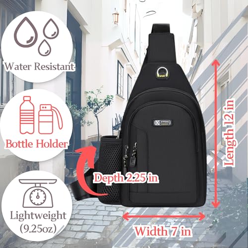 Water Resistant Sling Bag with Bottle Holder and Headphone Cable Hole, Anti-theft Crossbody Chest Pack & Key Ring Strap (Black)2