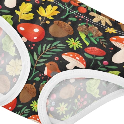 Cotton Toddler Underwear Custom Whimsical Forest Mushrooms Leaves Black Little Girl Panties Fun Kids Undies Briefs 2t4