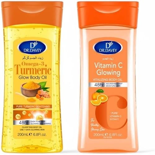 Dr. Davey Turmeric Omega-3 & Vitamin C Glow Body Oil 200ml | 48hr Moisture Care, Skin Brightening, Pure Turmeric Extract, Pure Vitamin C Extract, 2-in-1 Bundle