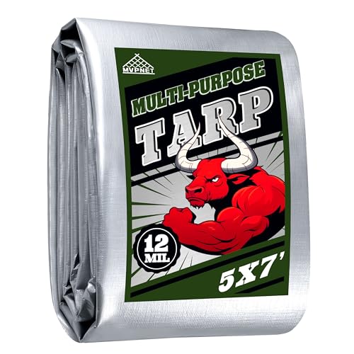 MVPNET 12mil Heavy Duty Waterproof Tarp 5x7FT Extra Thick Polyethylene Cover in Green/Silver UV Resistant & Tear Proof with Metal Grommets for All Weather Outdoor Use