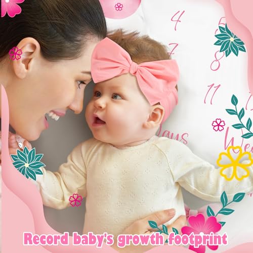 Image of Preboun Monthly Milestone Blankets for Baby Girls 51 inch x 39 inch Newborn Baby Blankets Pink Bow Photography Background Fleece Growth Chart Blanket with Wooden Signs, Frames, Bow Headband