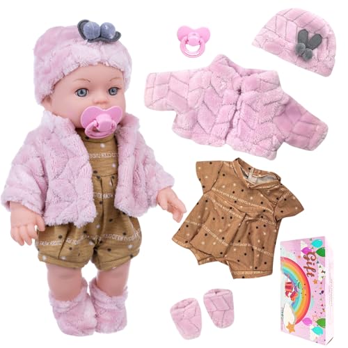 30 cm Muñeca nueva para bebé con 5 piezas de ropa para muñecas que contiene abrigo de felpa rosa pantalones de peto marrón, gorro de felpa rosa y calcetines chupete, juego de juguetes para niñas y