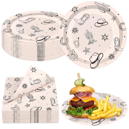 Image of Qinyoung 100 Pcs Western Cowboy Paper Plates and Napkins, Decorations | Disposable Paper Tableware Set for Cowboy Rodeo Theme Party, Western Birthday Decorations, Outdoor Wedding
