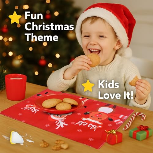 Image of Dining Table Mats Set of 2 - Reindeer Christmas Theme,Digital Print, Washable, Indoor /Outdoor, Heat-Proof, Water Resistant, Wipe & Clean (47X33 cm) Red
