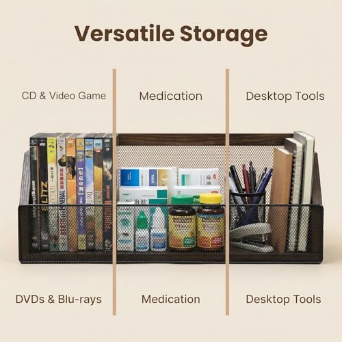 Image of CD Storage Rack, Wooden CD Organizer Holds 64 CDs (32 Each), Retro CD Shelf for Desktop, Perfect for DVD, Blu ray & Video Game Cases, Space Saving