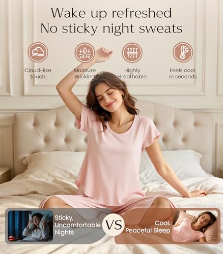 Image of NACHILA Women's Pajamas Set-Viscose Made from Bamboo,Short Sleeve Sleepwear Soft Pjs with Capri Pants Loose Loungewear