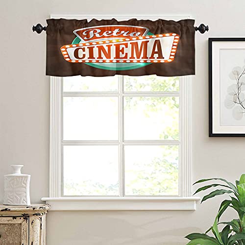 Image of Movie Theater Curtain Valance for Windows/Living Room/Kitchen/Bathroom, Short Rod Pocket Tier Curtain Window Treatment, 1 Panel 54x18 Retro Style Cinema Sign Design Film Festival Hollywood Theme,