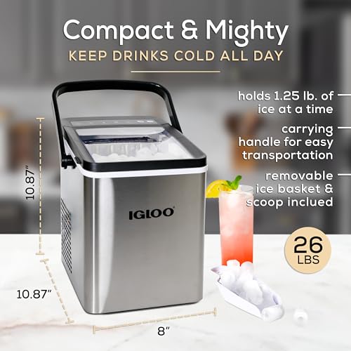 Igloo Automatic Self-Cleaning Portable Electric Countertop Ice Maker Machine with Handle, 26 Pounds in 24 Hours, 9 Ice Cubes Ready in 7 Minutes, with Ice Scoop and Basket, Stainless Steel