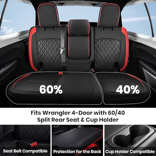 Image of Coverado Seat Covers Fullset for Jeep Wrangler, Waterproof Car Seat Covers for Automotive Truck Seat Covers Custom Fit for 2018-2026 Jeep Wrangler JL 4-Door with Rear Cupholder Only(Red)