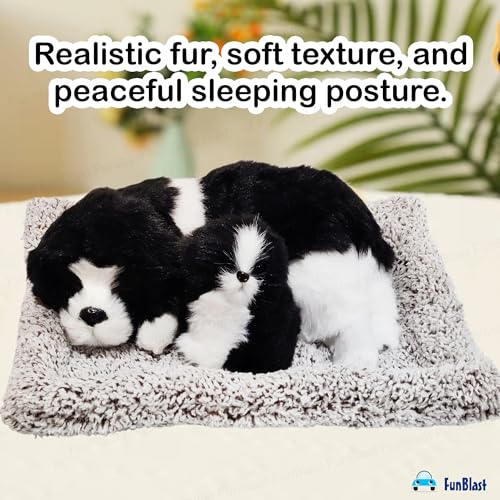Image of FunBlast Sleeping Cute Dog with Puppy - Realistic Soft & Lifelike Pet Puppy with Bed for Car Dashboard and Home Decor, Sleeping Dog Soft Toy (Black)