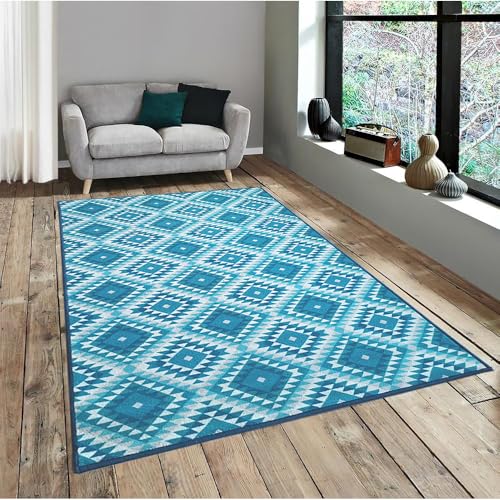 Image of Matz&More Pattern Aztec Diamonds Rug | 100x150 CM | Blue | Soft Nylon Loop Pile with Anti-Slip Gel Backing | Living Room, Bedroom & Office Floor Carpet