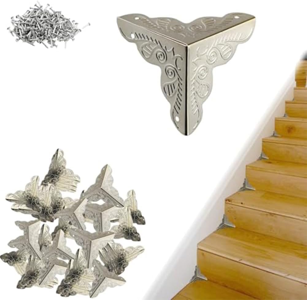 Hikaka Silver Stair Dust Corners For Wooden Steps Vintage Decorative, 100Pcs Antique Dust Corners For Stairs, 25Mm Edge Guard With Screws, Anti-Collision Corner Safety Protection Four Corners (Silver)