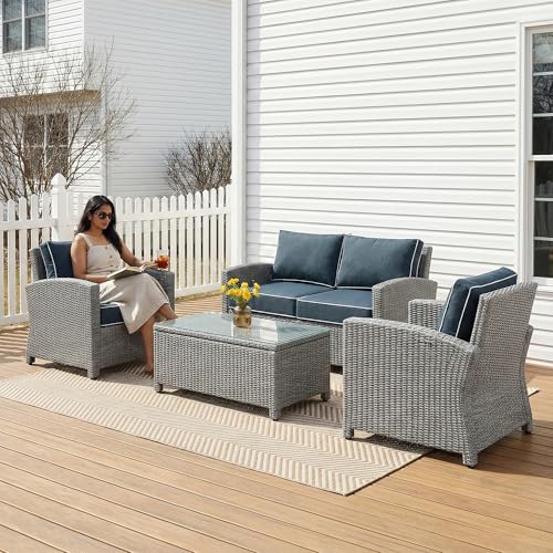 Image of BRISHI Outdoor Sofa Set ||Patio Furniture Sets ||Balcony Sofa ||Indoor Sofa ||Wicker Rattan Garden Sofa Set with Cushion&Center Table (4 Seater,Grey with Navy Blue Cushions),64 cm ,72 cm ,67 cm