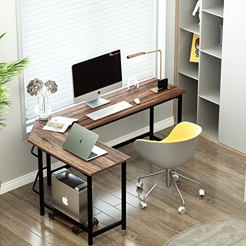 Vecelo Large Corner Computer Desks L-Shaped With Cpu Stand/Pc Laptop Study Writing Table Workstation For Home Office Wood & Metal, 66.3X18.9 Inch, Walnut #TOP1
