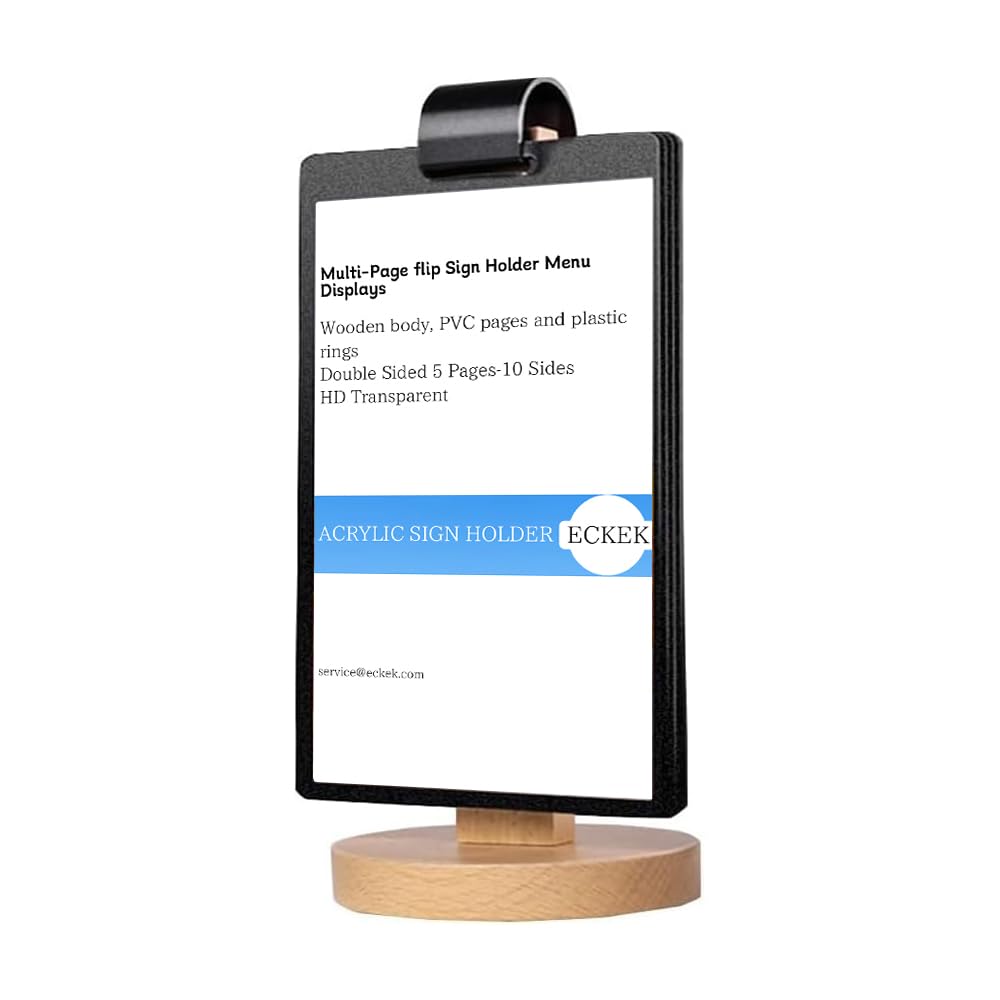 ECKEK Acrylic Sign Holder Multi-Page flip Sign Holder Menu Displays Double Sided 5 Pages-10 Sides, Wood Base Table Top Sign Stand (A5 148×210mm/5.83×
