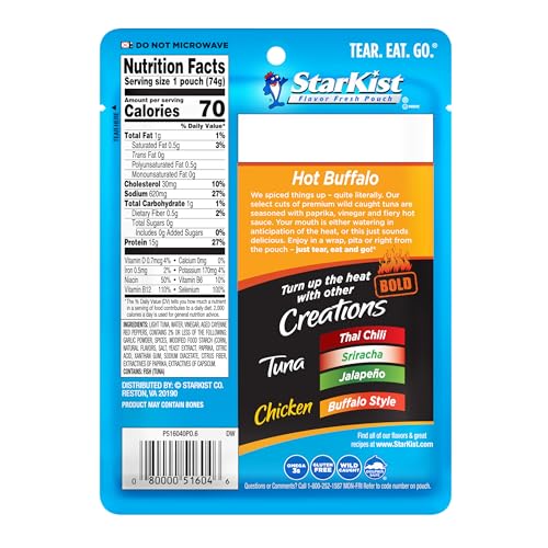Image of StarKist Tuna Creations BOLD Hot Buffalo, 2.6oz Pouch, 12-Pack | 15g Protein Per Serving, Wild Caught, Shelf Stable Seafood, Gluten Free, No Draining, Ready to Eat for Salads, Sandwiches
