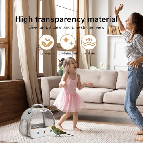Image of Bird Carrier, Portable Small Bird Parrot Parakeet Carrier with Standing Perch and Stainless Steel Tray, Side Access Window Collapsible (Grey, Clear Windows)