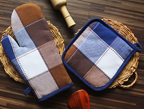 Airwill © Cotton Designer Pattern Heat Resistant Kitchen Linens (1 Oven Mitt & 1 Pot Holder) (Blue,Brown)