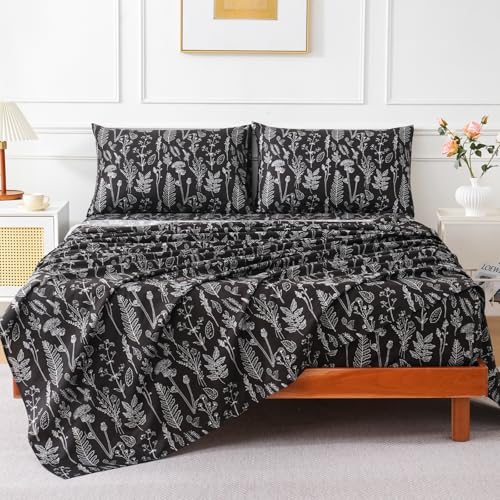 Image of 100% Natural Cotton Percale Sheets Set,Full Size 4 PC, Breathable&Durable Hotel Quality Bedding, 16 inch Deep Pocket Botanical Floral Bedsheets,Black