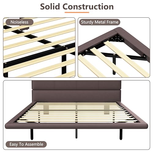 Christopher Knight Home Full Size Floating Bedframe, Upholstered Bed Frame with Headboard, Faux Leather Platform Bed, Modern Design with LED Lighting, Easy Assembly, No Boxing Spring Needed, Coffee by Christopher Knight Home - Used condition - Image 6