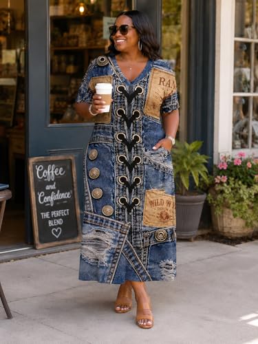 Image of Plus Size Maxi Dress for Women Short Sleeve V Neck Casual Loose Sundress with Pockets