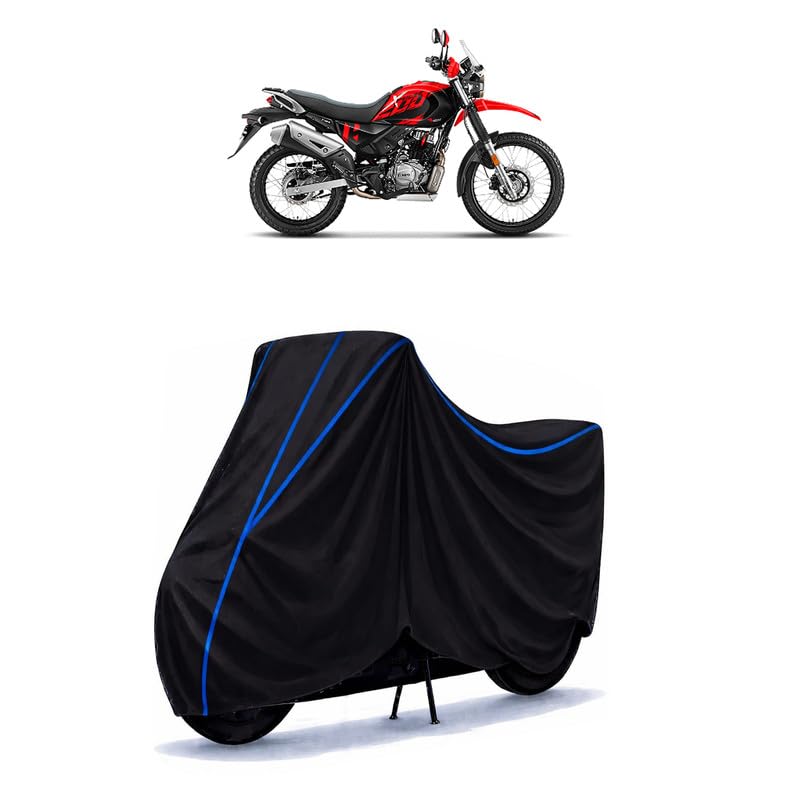 Image of Hero XPulse 200 4V BS6 Bike Cover Water Resistant Universal Motorcycle Rain | Heavy Duty UV Protection, Dust, Scratch Indoor Outdoor All Weather with Black Blue Piping Elastic