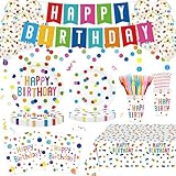 170 Pcs Birthday Party Supplies, Happy Birthday Decorations Colorful Dots Themed for Boys and Girls, Includes Happy Birthday Plates and Napkins, Balloons, Cups, Tablecloth, Banner, Serves 25