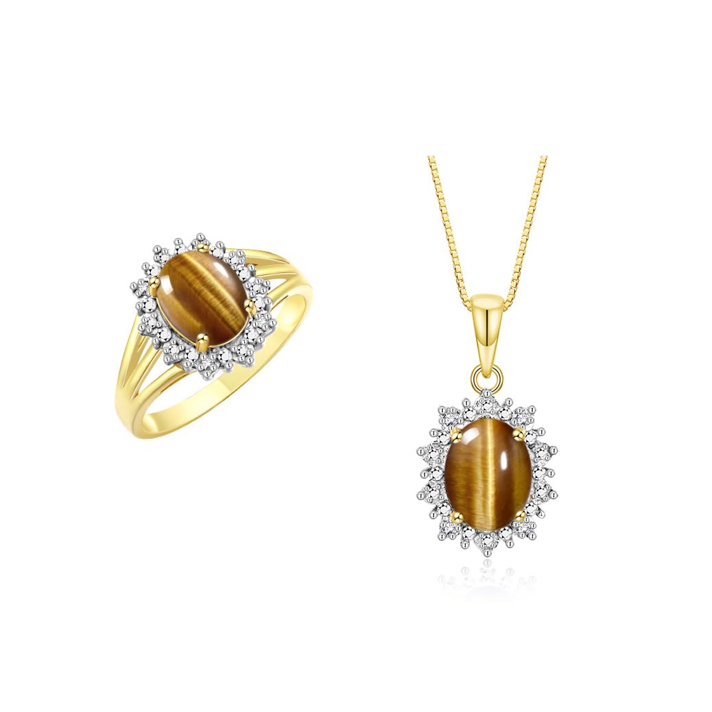 Rylos Women's Yellow Gold Plated Silver Princess Diana Ring &amp; Pendant Set. Gemstone &amp; Diamonds, 9X7MM Birthstone. Matching Friendship Jewelry, Sizes 5-10.