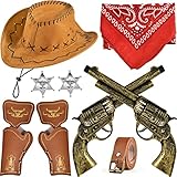 vamei 9 Stk Cowboy Kostüm Zubehör Kinder Jungen Cowboyhut Bandanna Metallabzeichen Gürtel Holster Western Cowboy Set Kostüm für Karneval Cosplay Halloween Party Dress Up