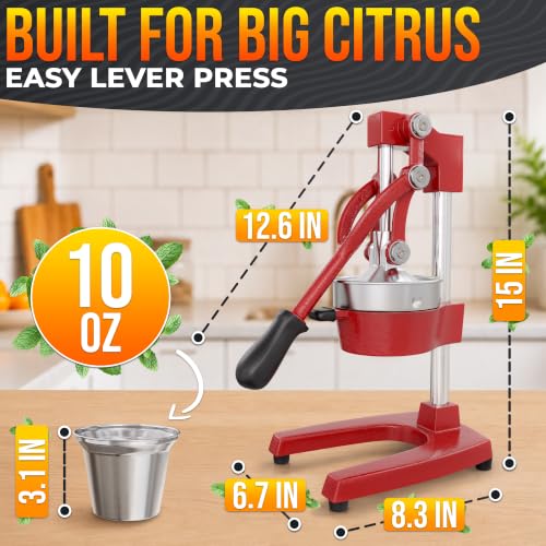 Image of Cast Iron Juicer Hand Press, Heavy-Duty Squeezer (Red) | Lever Manual Citrus Press Juicer & Orange Squeezer for Lemon, Lime & Lemonade; Steel Cone & Strainer; for Home or Bar