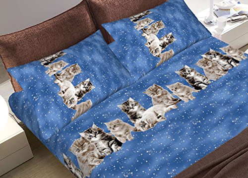 BiancheriaWeb Completo Lenzuola Letto in 100% Cotone Made in Italy Vari Disegni C.N 2 Piazze Gattini Blu